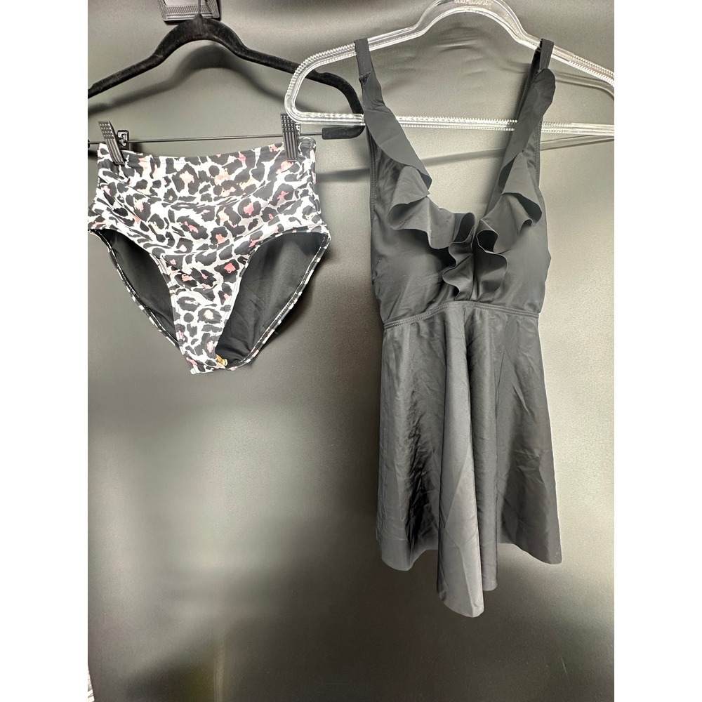 B2PRITY Black Ruffle two Piece Swimsuit + High Waisted Leopard Bikini Bottom Set